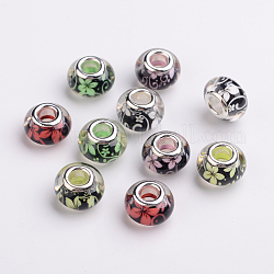 Blumenmuster Harz European Beads, großes Loch Rondell Perlen, mit versilberten Messingkernen, Mischfarbe, 14x9 mm, Bohrung: 5 mm