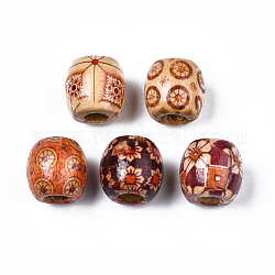 Perle di legno naturale stampate, perline con foro grande, botte con motivi misti, colore misto, 18x17mm, Foro: 7 mm, circa 310pcs/500g