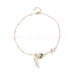 Fiore dello smalto della lega & collana d'ottone del pendente della farfalla, abs plastica imitazione perla collana di catene di perline per le donne, oro, 17.44 pollice (44.3 cm)