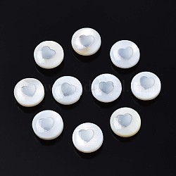 Natural Freshwater Shell Beads, with Brass Metal Embellishments, Flat Round with Heart, Platinum, 8x4~5mm, Hole: 0.6mm