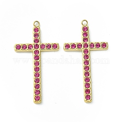 Real 14K Gold Plated 304 Stainless Steel Pendants, with Rhinestone, Cross Charms, Rose, 36.5x19x2.5mm, Hole: 1.6mm
