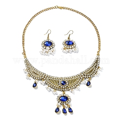Conjunto de joyería ovalada de perlas y rhinestone de plástico ABS, Collar tipo babero de aleación dorada y pendientes tipo candelabro., azul real, 455mm, 51x24mm