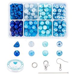 Kits de fabricación de joyas con temática azul diy pandahall elite, incluyendo cuentas redondas de vidrio y perlas de vidrio, Hilo de cristal elástico, Aleación de zinc corchetes de garra de langosta, Pendientes de latón, Platino