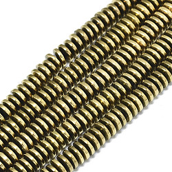 Electroplate Non-magnetic Synthetic Hematite Beads Strands, Heishi Beads, Flat Round/Disc, Real 18K Gold Plated, 4x1.5mm, Hole: 0.5mm, about 254~274pcs/strand, 15.75 inch(40cm)