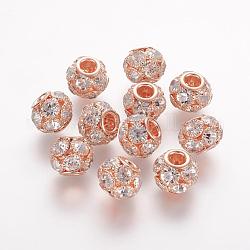 Perline in ottone, con grado a  rhinestone, rondelle, oro roso, cirstallo, 14x12mm, Foro: 4.8 mm