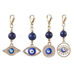 Décorations de pendentif en alliage d'émail mauvais œil, Perle de lapis-lazuli naturelle et fermoirs à griffes de homard, breloques, bleu, 41~50mm, mauvais œil: 14~21.5x15~21x2~3 mm