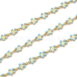 Goldene Messing-Emaille-Gliederkette, langlebig plattiert, mit Spule, ungeschweißte, Blume, Licht Himmel blau, 9x6x1 mm, 32.8 Fuß (10m)/Rolle