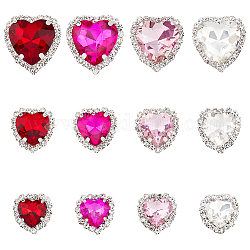 Superfindings 24 pz 12 stili cuore rosa serie cuce su strass di vetro, collegamenti multi-strand, con impostazioni dei rebbi in ottone, colore misto, 17.5~23.5x16~22.5x6~8mm, Foro: 1~1.2 mm, 2pcs / style