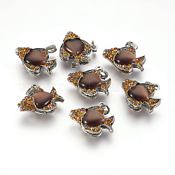 Alloy Rhinestone Pendants, with Cat Eye, Fish, Hollow, Antique Silver Metal Color, Brown & Topaz, 27x23x9.5mm, Hole: 4mm