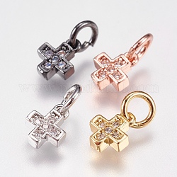 Brass Micro Pave Cubic Zirconia Tiny Cross Charms, Mixed Color, 6.5x5x1.8mm, Hole: 3.5mm