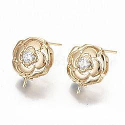 Brass Micro Pave Clear Cubic Zirconia Stud Earring Findings, for Half Drilled Bead, Nickel Free, Flower, Real 18K Gold Plated, 16x12.5mm, Pin: 0.8mm, Pin 1mm(for Half Drilled Bead)