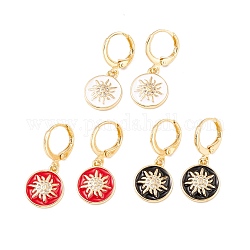 Enamel Flat Round with Sun Dangle Leverback Earrings, Real 18K Gold Plated Brass Drop Earrings with Clear Cubic Zirconia for Women, Lead Free & Cadmium Free, Mixed Color, 28mm, Pin: 0.8x1mm