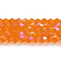 透明電気メッキガラスビーズ連売り  ABカラーメッキ  多面カット  双円錐形  オレンジ  4x4mm  穴：0.8mm  約87~98個/連  12.76~14.61インチ（32.4~37.1cm）