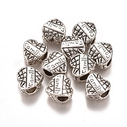 Perles en alliage, coeur avec le mot famille, argent antique, 11.5x11x7mm, Trou: 5mm