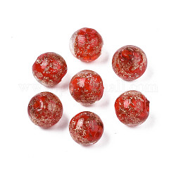 Handmade Gold Sand Lampwork Beads, Round, Red, 9~10x9~10mm, Hole: 1.5mm