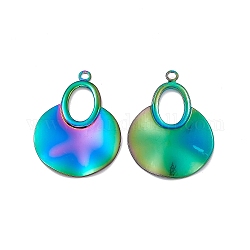 Ion Plating(IP) 304 Stainless Steel Big Pendants, Flat Round with Oval Charm, Rainbow Color, 43x30x1.5mm, Hole: 2.7mm