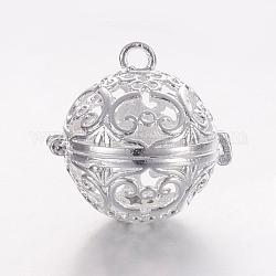 Латунные подвески с ажурной резьбой, для ожерелья, полый круглый, серебристый цвет, 17x17.5x14.5 мм, отверстия: 1 mm, Внутренний диаметр: 11.5 mm