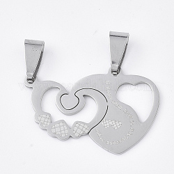 201 Stainless Steel Split Pendants, Quote Pendants, for Lovers, Heart with Heart, with Word, Stainless Steel Color, 21x31x1mm, Hole: 8x4mm