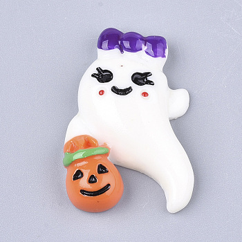 Resin Cabochons, Halloween Ghost with Pumpkin Jack-O'-Lantern Lamp, White, 29x20x7mm