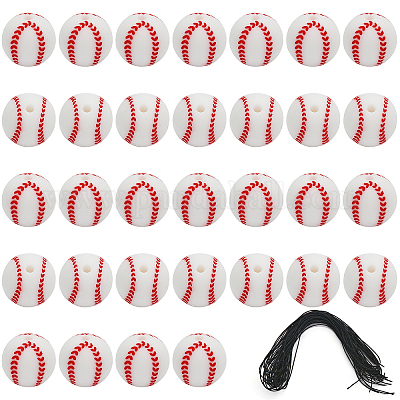 Wholesale CHGCRAFT 36Pcs Baseball Silicone Bead 10mm Baseball Beads with 12  Yards Waxed Cotton Cord Sport Theme Charm Bracelets for Bracelet Making 