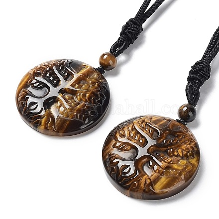 Natural Tiger Eye Tree of Life Pendant Necklace with Nylon Rope NJEW-H009-03-07-1