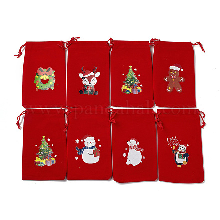 クリスマステーマの長方形ベルベットバッグ  ナイロンコード付き  巾着ポーチ  ギフト包装用  レッド  15.5~16.7x9.5~10.2cm TP-E005-01A-1