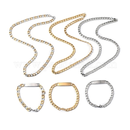 201 Stainless Steel Curb Chain Necklace & Rectangle Link Bracelet SJEW-F220-02B-1