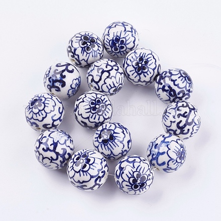手作り青と白の陶器ビーズ  花の丸  ミディアムブルー  27~28mm  穴：3mm PORC-G002-07-1