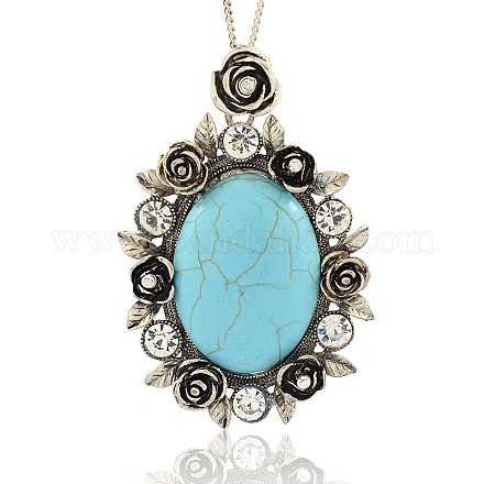 Antique Silver Tone Alloy Synthetic Turquoise Big Pendants PALLOY-J386-01AS-1