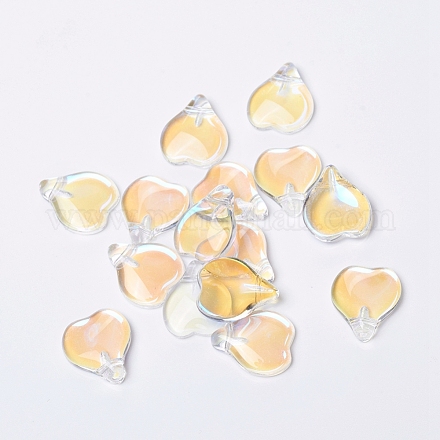 ガラスチャーム  ハート型の花びら  ABカラー  ゴールド  15x12x4.5mm  穴：1mm GLAA-H016-02B-34-1