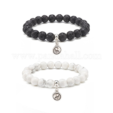 2 pièces 2 style pierre de lave naturelle et howlite bracelets extensibles perlés ronds sertis de breloques en alliage yin yang BJEW-JB08457-1
