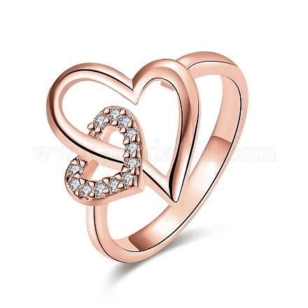 ロマンチックなハートのリアルローズゴールドメッキ真鍮キュービックジルコニア指輪  usサイズ7（17.3mm） RJEW-BB08605-7RG-1