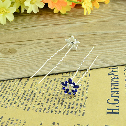 Lady's Hair Accessories Silver Color Plated Iron Rhinestone Flower Hair Forks PHAR-R095-01-1