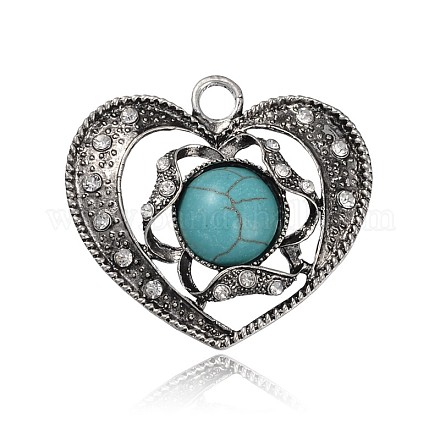 Antique Silver Plated Heart Alloy Synthetic Turquoise Big Pendants PALLOY-J521-01AS-1