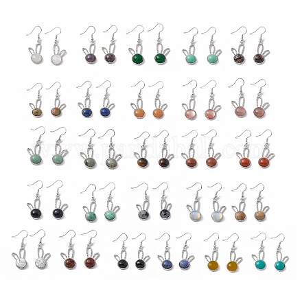 Boucles d'oreilles pendantes lapin pierres précieuses EJEW-A092-05P-1
