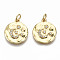 Hammered Brass Micro Pave Clear Cubic Zirconia Pendants, with Jump Rings, Nickel Free, Flat Round with Moon & Star, Real 16K Gold Plated, 17x15x2mm, Jump Ring: 5x0.8mm, 3.4mm inner diameter