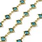 Brass Glass Rhombus Link Chains, with Spool, Long-Lasting Plated, Soldered, Lead Free & Cadmium Free, Rack Plating, Real 18K Gold Plated, Deep Sky Blue, 15x9x2.5mm