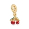 Brass Enamel European Dangle Charms, Large Hole Pendants, Cherry, Real 18K Gold Plated, Red, 24.5mm, Hole: 4.5mm