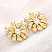 Серьги-гвоздики из искусственного жемчуга с цветком из латуни и АБС-пластика EJEW-U062-05G