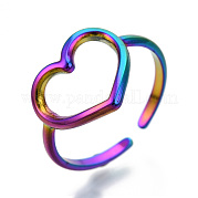 304 ステンレス鋼中空ハート カフ リング  女性の女の子のためのオープンリング  虹色  usサイズ7（17.5mm） RJEW-N038-122M