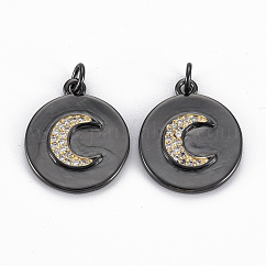 Pendenti in zirconi cubici trasparenti in micro pavè di ottone, con anelli di salto, nichel libero, vero placcato oro 16k, piatta e rotonda con la luna, canna di fucile, 20x17x2.5mm, anello di salto: 5x1 mm, 3mm diametro interno 