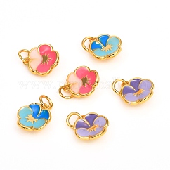 Messing Emaille Anhänger / charms, cadmiumfrei und bleifrei, langlebig plattiert, Blume, echtes 18k vergoldet, Mischfarbe, 12x10.5x3.5 mm, Bohrung: 3 mm
