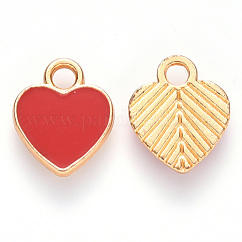 Charms del esmalte de la aleación, corazón, la luz de oro, rojo, 12x10x2mm, agujero: 2 mm