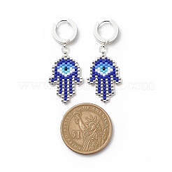 Main hamsa tressée en graines de verre avec boucles d'oreilles créoles pendantes mauvais œil&nbsp;EJEW-MZ00008