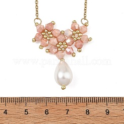 Collana con ciondolo a goccia di fiore con perline di vetro galvanizzate e catena a maglie in acciaio inossidabile 304&nbsp;NJEW-MZ00156