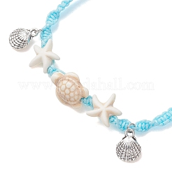 Tobilleras ajustables de verano con cuentas trenzadas de estrella de mar y tortuga de color turquesa sintético teñido para la playa&nbsp;AJEW-AN00774