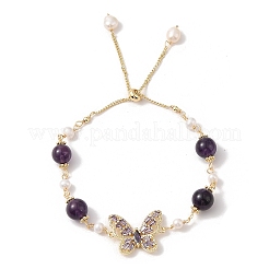Verstellbare runde Schiebearmbänder aus natürlichem Amethyst und Naturperlen&nbsp;BJEW-C068-07G