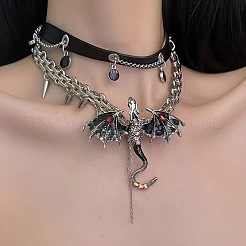 Legierung Harz Strass Drachen Anhänger schwarz PU Leder Doppelschicht Choker Halsketten für Frauen&nbsp;FS-WGA08B0-01