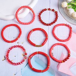 8pcs 8 Stil natürlicher roter Achat & Glas & Fimo Heishi Surfer Stretch Armbänder Set&nbsp;BJEW-SW00083