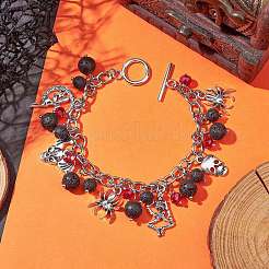 Halloween-Charm-Armbänder aus natürlichem Lavastein und Glaskabelketten&nbsp;BJEW-TA00476